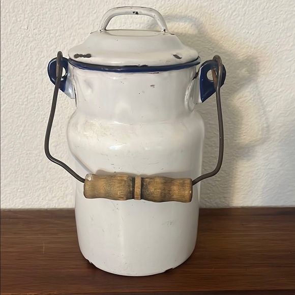 no brand Other - Vintage White Enamel Milk Can with Blue Accents